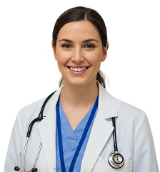 Smiling young woman doctor pointing fingers left showing client