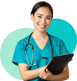 Smiling young woman doctor pointing fingers left showing client